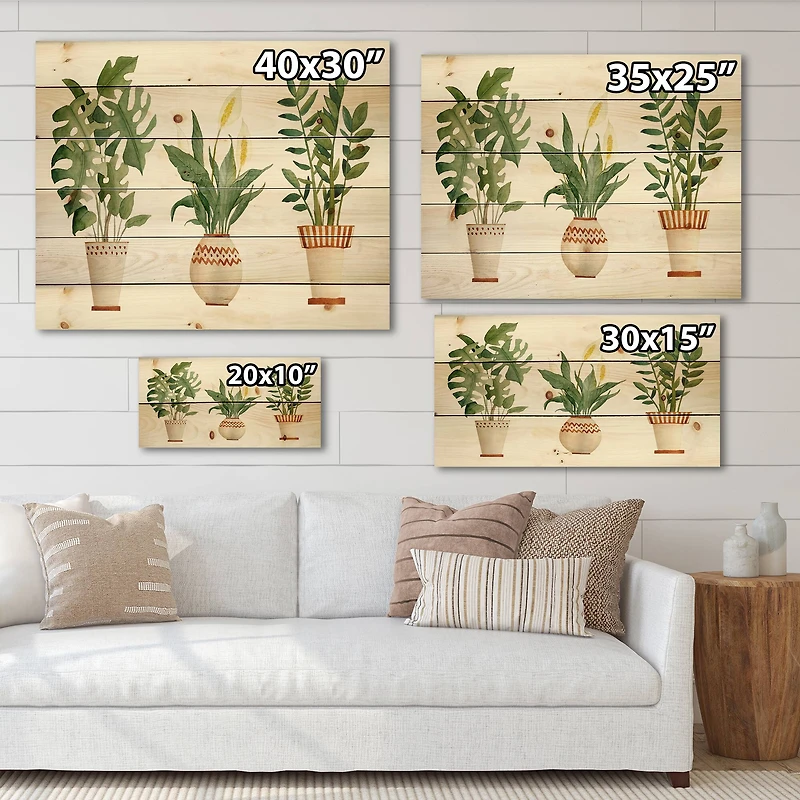 Designart - Houseplant Monstera & Peace Lily In Terra Cotta - Farmhouse Print on Natural Pine Wood