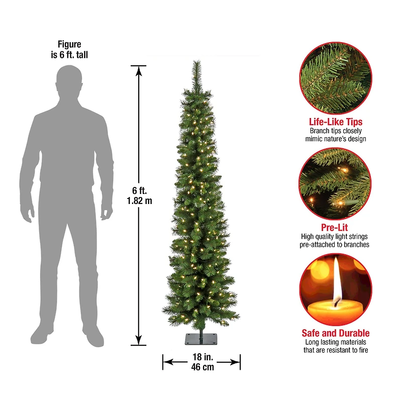6ft. Pre-Lit Nooksack Fir Pencil Artificial Christmas Tree, Warm White LED Lights