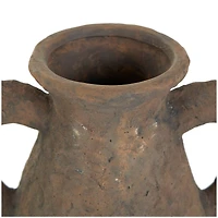 14" Dark Brown Ceramic Handmade Textured Vase with Wide Rounded Handles
