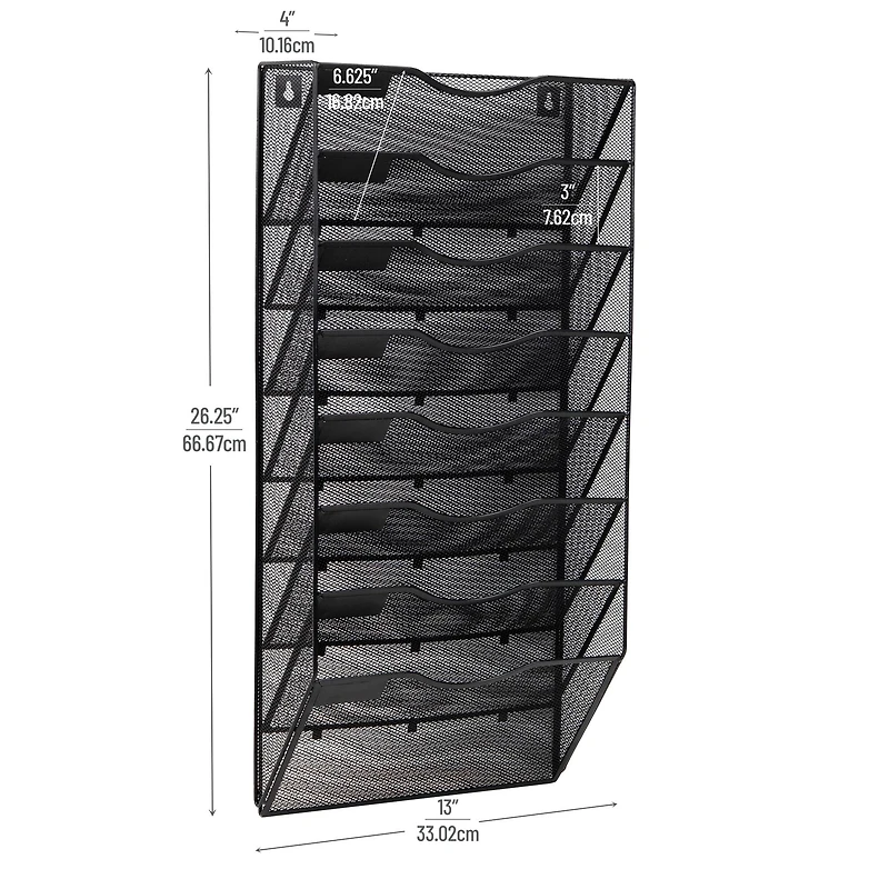Mind Reader Wall File Organizer, 8 Pocket Hanging Document Rack, Office Wall Mount, Metal Mesh