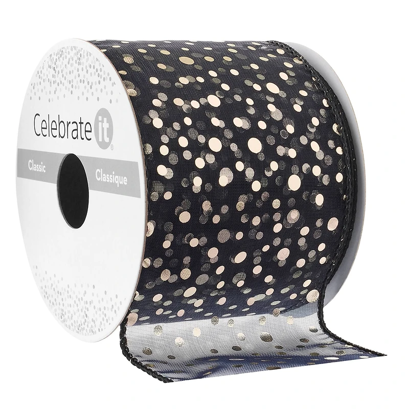 2.5" x 3yd. Black Sheer Wired Dotted Ribbon by Celebrate It™ Classic