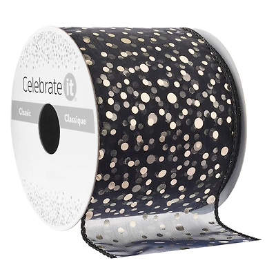 2.5" x 3yd. Black Sheer Wired Dotted Ribbon by Celebrate It™ Classic