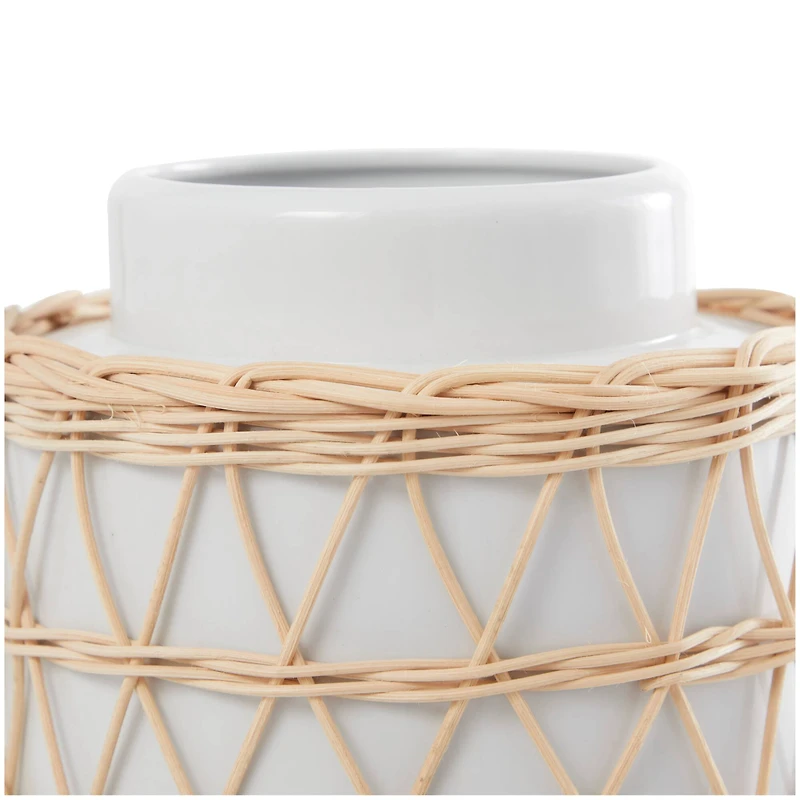 15" White & Woven Rattan Ceramic Handmade Vase