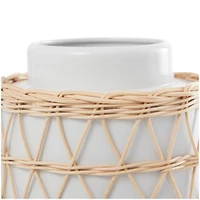 15" White & Woven Rattan Ceramic Handmade Vase