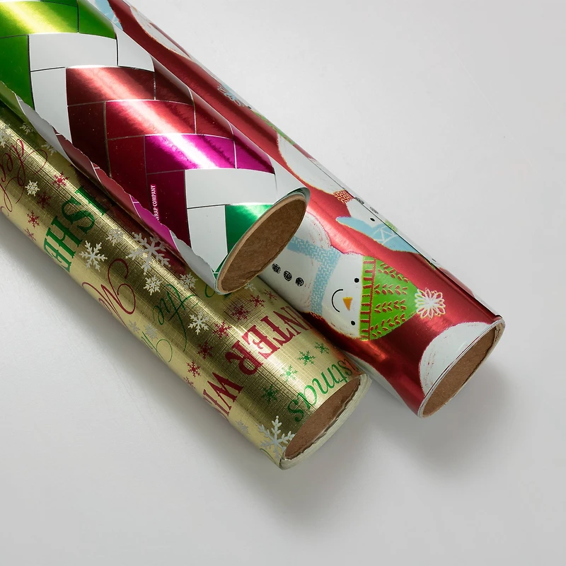 JAM Paper Red Foil Merry Christmas, Green Greetings & Green Red Stripe Gift Wrap Set