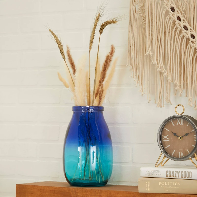 Blue Recycled Glass Handmade Spanish Vase with Ombre Effect 7" x 7" x 11"