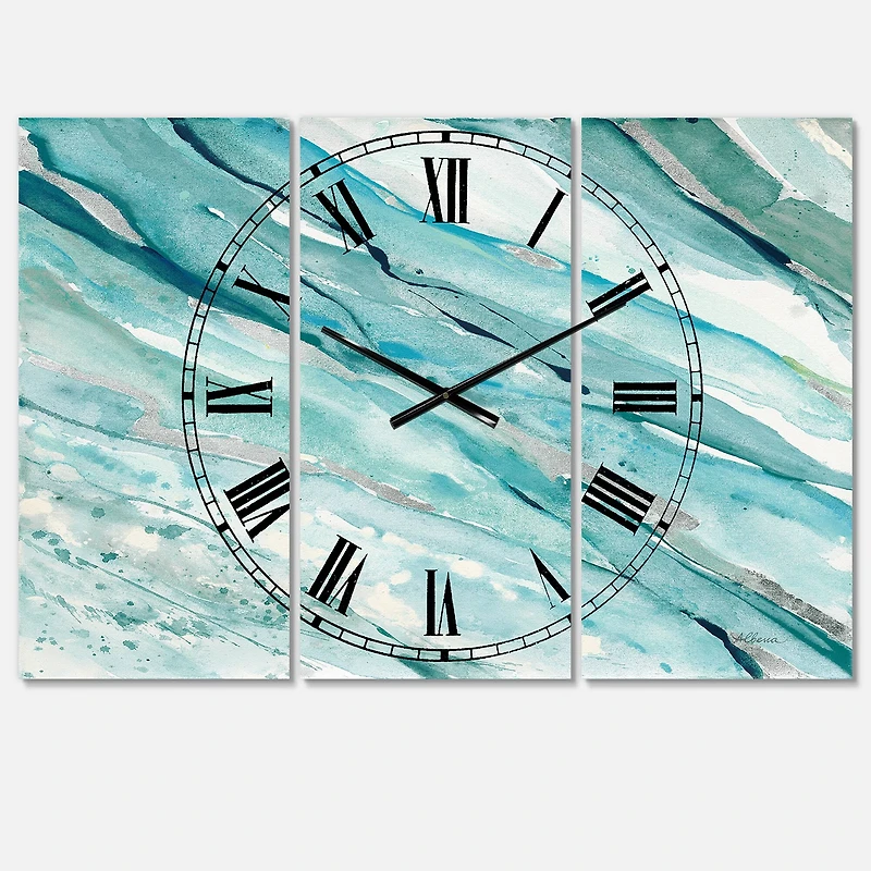 Designart Blue Green Silver Springs Coastal 3 Panel Wall Clock