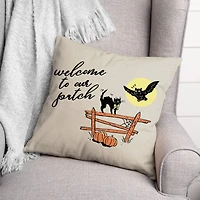Retro Black Cat & Owl Welcome to Our Patch Spun Poly Throw Pillow
