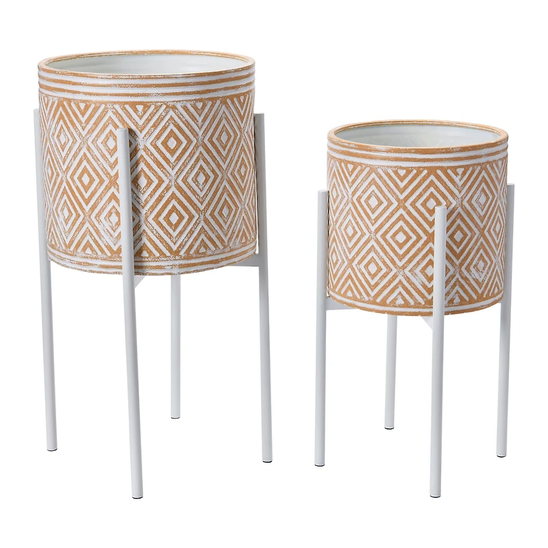 Hello Honey® White & Terracotta Boho Embossed Metal Planters with Stands Set