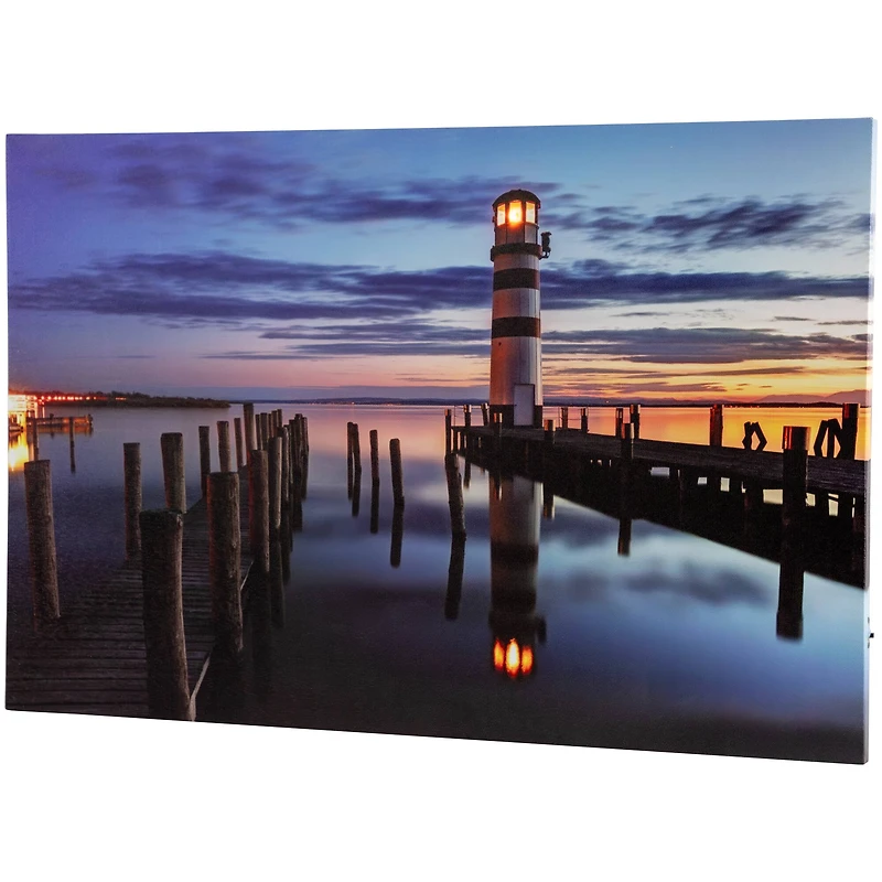 LED Coastal Sunset Lighthouse Scene Canvas Wall Art
