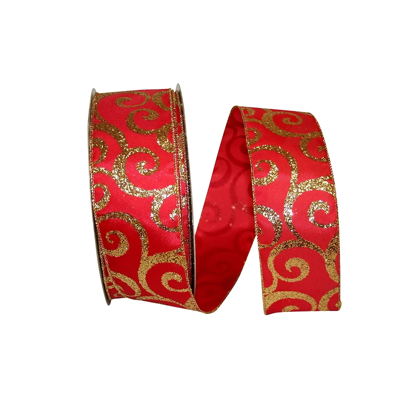 JAM Paper 2.5" x 50yd. Red & Gold Scroll Wired Glitter Ribbon