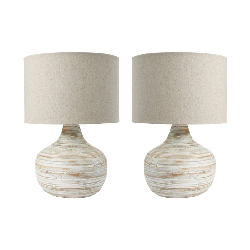 Hello Honey® 21.5" White Wash Finish Boho Bamboo Table Lamp with Linen Shade Set