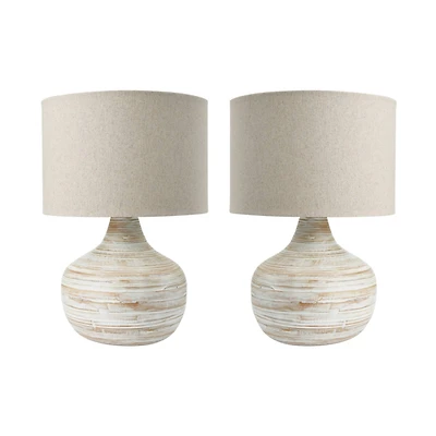 Hello Honey® 21.5" White Wash Finish Boho Bamboo Table Lamp with Linen Shade Set