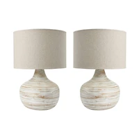 Hello Honey® 21.5" White Wash Finish Boho Bamboo Table Lamp with Linen Shade Set