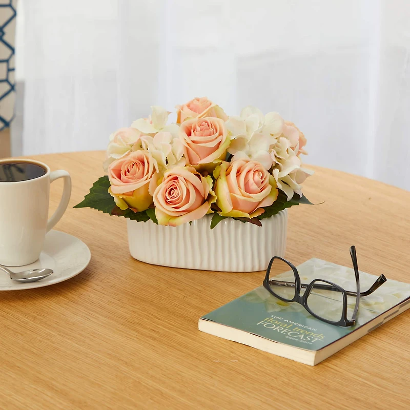 7" Rose and Hydrangea Artificial Arrangement in White Vase