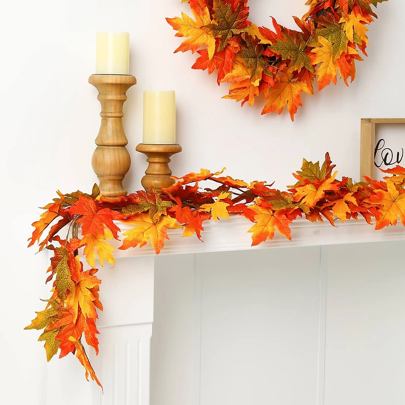 Glitzhome® 6ft. Fall Lighted Maple Leaves Garland with Timer