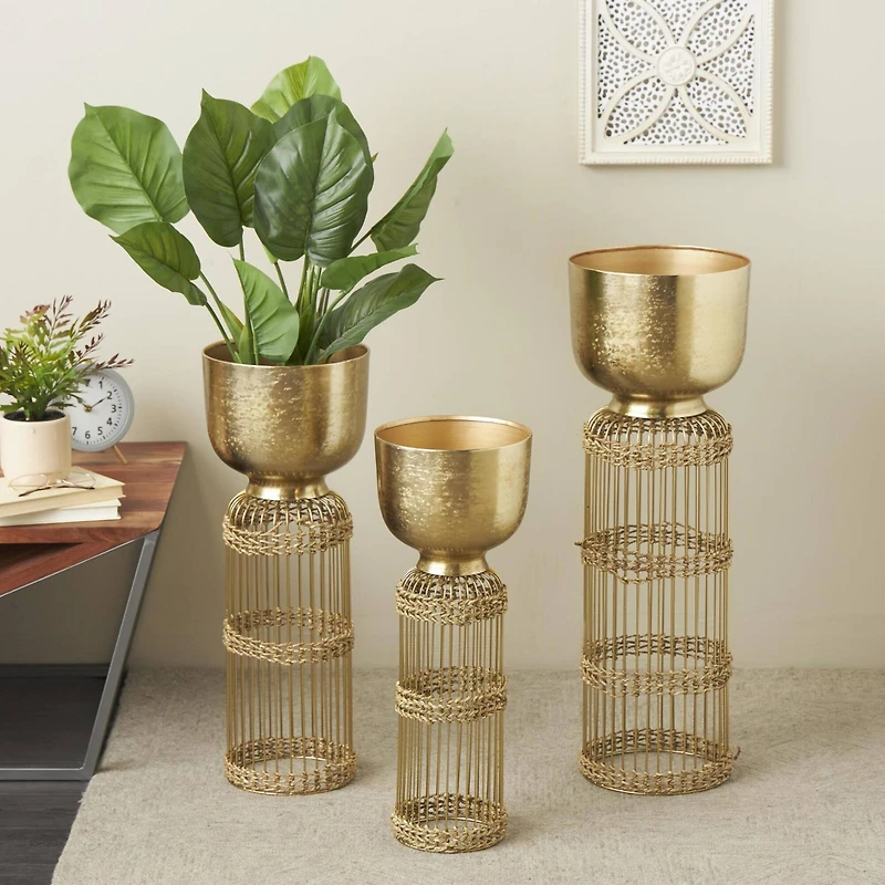 Gold Metal Textured Rounded Dome Planter & Pedestal Base Set
