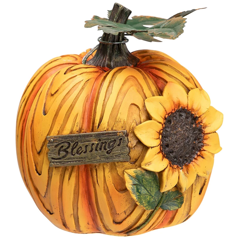 6.5" Brown & Yellow Sunflower Blessings Thanksgiving Tabletop Pumpkin Décor