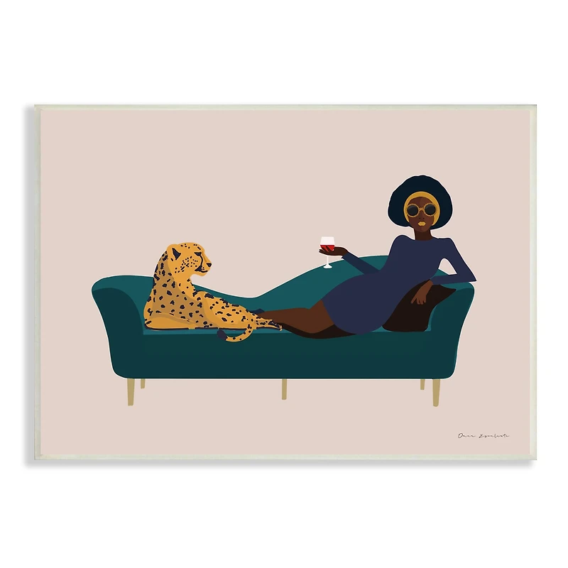 Stupell Industries Modern Fashion Female Wine Glass Cheetah Animal Couch Wall Plaque
