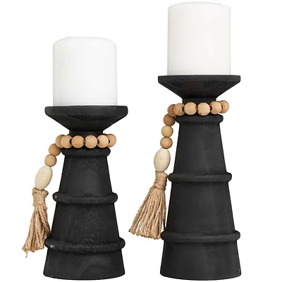 Black Wood Handmade Textured Matte Candle Holder with Beaded Garland Accent Set