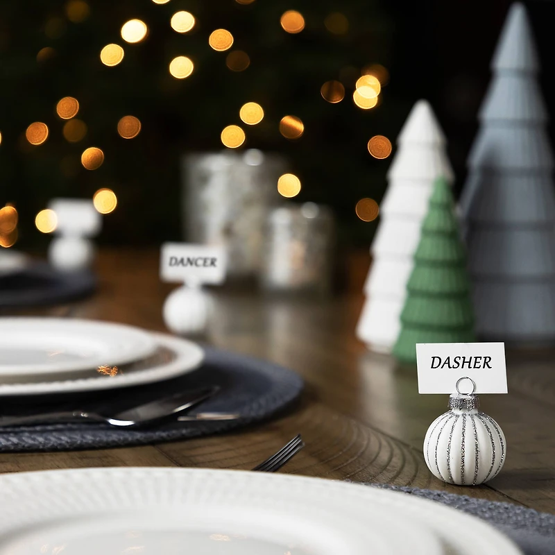 Glitter Striped White Glass Christmas Ornament with Place Card Holders, 6 ct.
