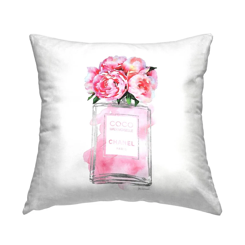 Stupell Industries Glam Perfume Bottle Flower Silver Pink Peony Throw Pillow 18" x 18"