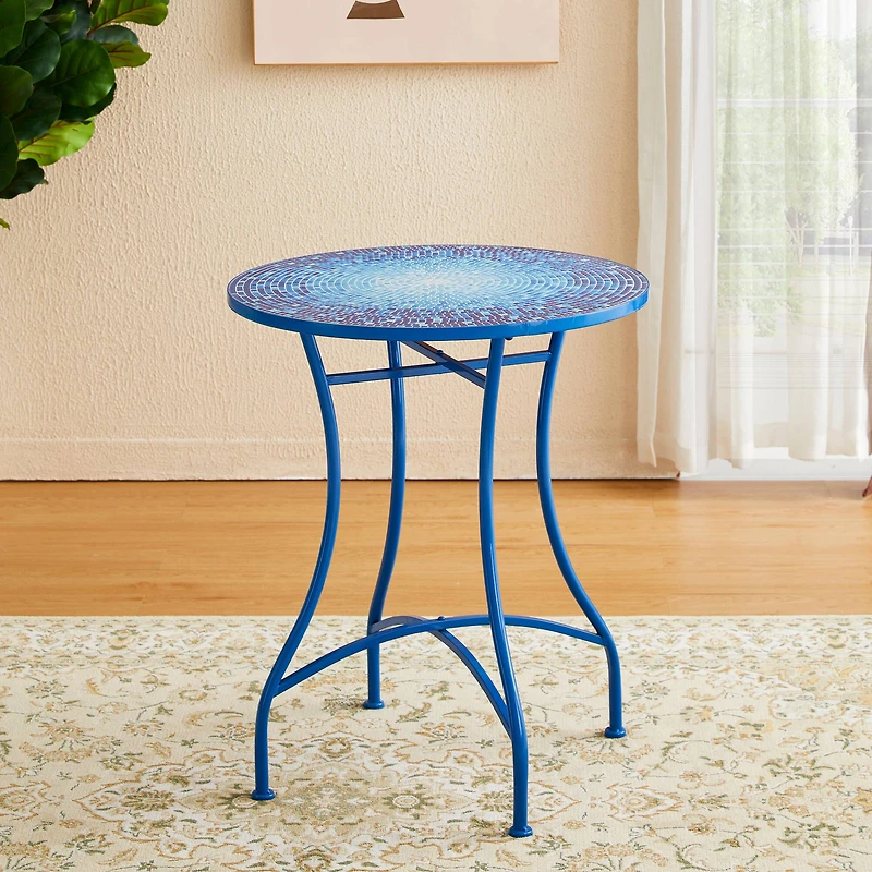 Glitzhome® 28" Blue Outdoor Metal Folding Bistro Table with Ceramic Tile Top