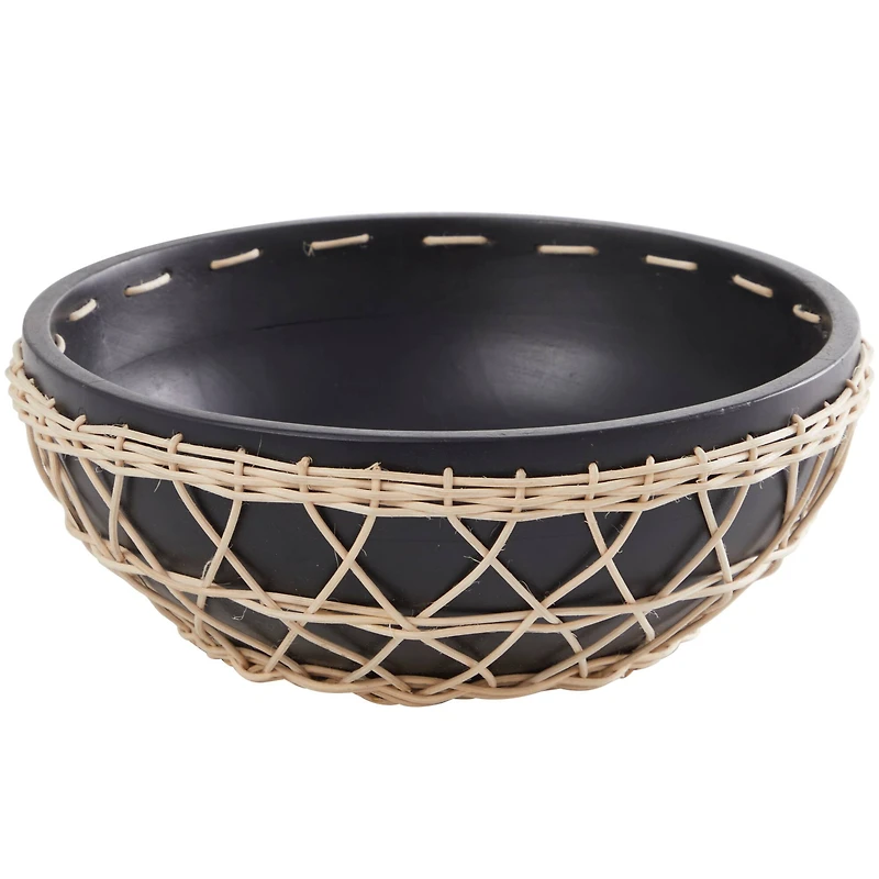 12" Black Mango Wood Handmade Decorative Bowl with Woven Rope Accents