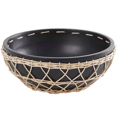 12" Black Mango Wood Handmade Decorative Bowl with Woven Rope Accents