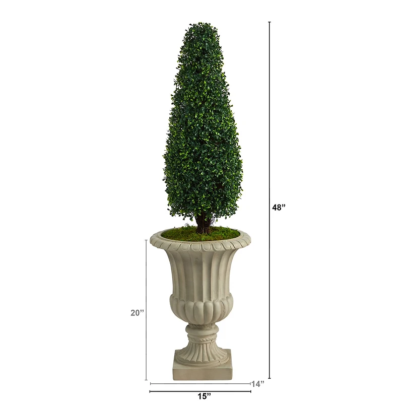 4ft. Boxwood Tower Topiary Tree in Sand Finished Urn