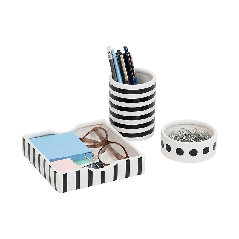 Mind Reader Ditto Collection Black & White Pen Cup, Clip Dish & Memo Tray Set