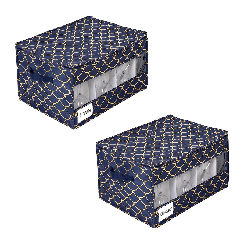 Honey Can Do Golden Scallop Print Stemware Storage Box Set