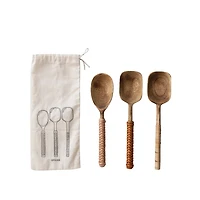 Hello Honey® 7.5" Mango Wood Spoons with Bamboo & Leather Wrapped Handle Set