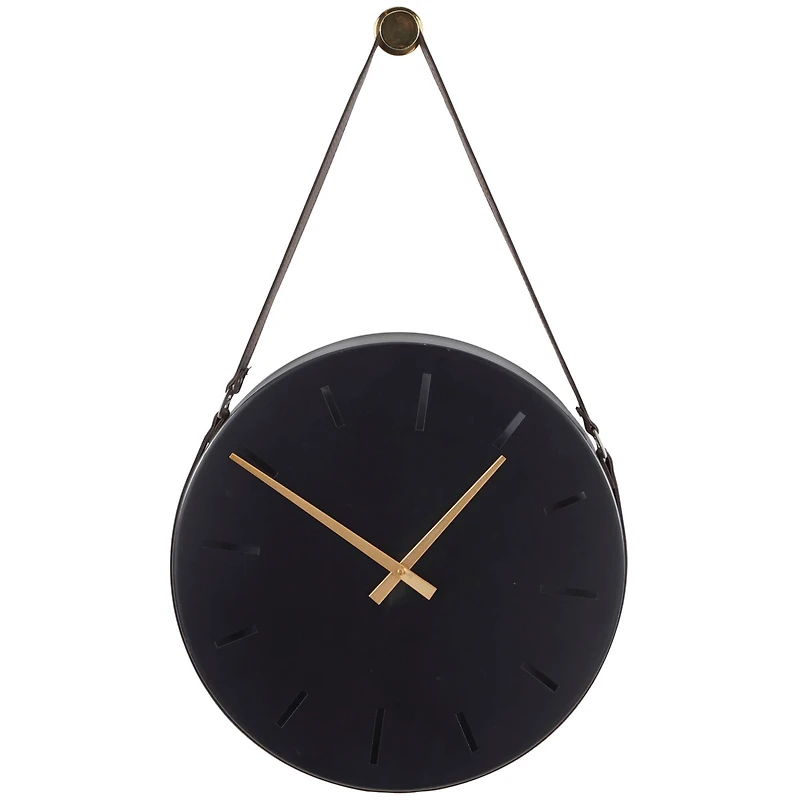 27" Black Stainless Steel Wall Clock with Leather Hanging Straps