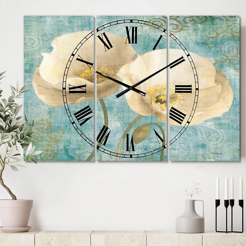 Designart Bouquet Poppies On Paisley II 3 Farmhouse Panel Wall Clock