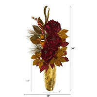 2.5ft. Red Peony, Pear & Magnolia Leaf Arrangement in Gold Vase