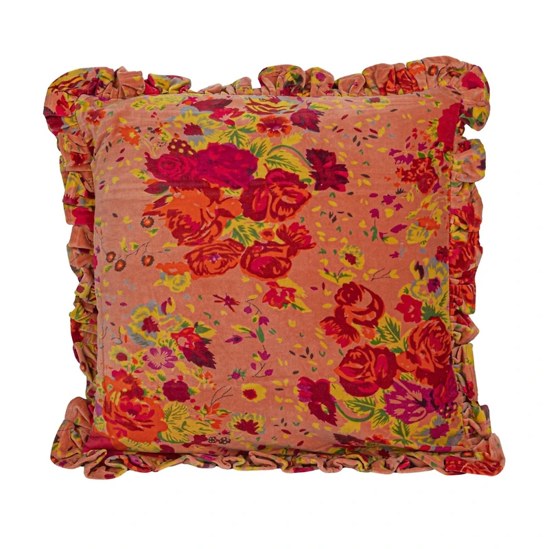 Hello Honey® Red Floral Printed Chambray Back & Ruffle Cotton Velvet Pillow