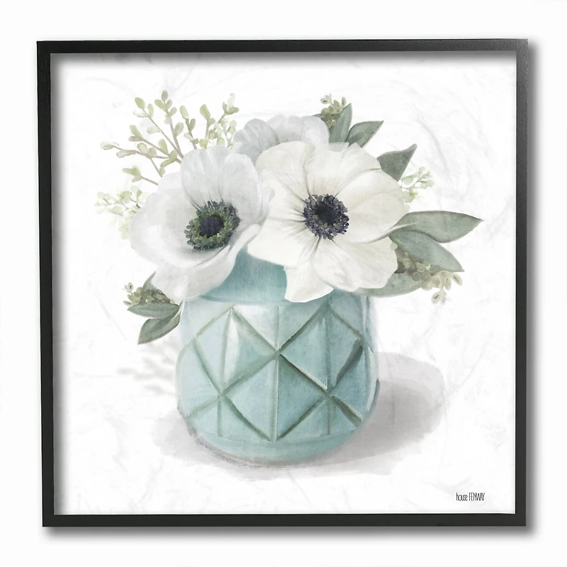 Stupell Industries Soft White Flowers in Turquoise Planter Wall Accent with Black Frame