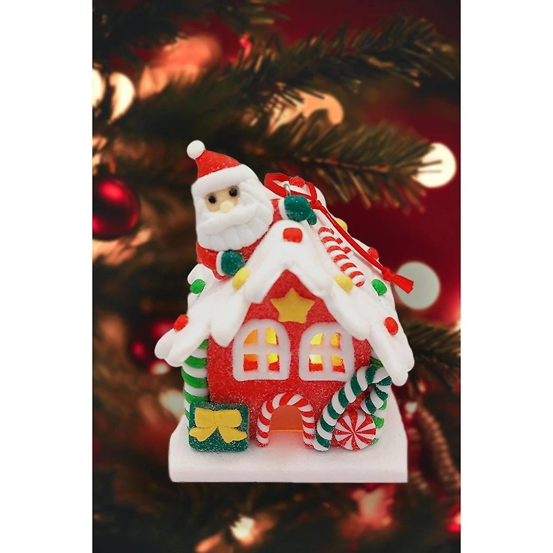 Wizardi 2.48" x 3.23" Gingerbread Snow House with Santa Christmas Ornament
