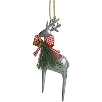 6.25" Silver Metal Reindeer Christmas Ornament With Gingham Bowtie & Pine