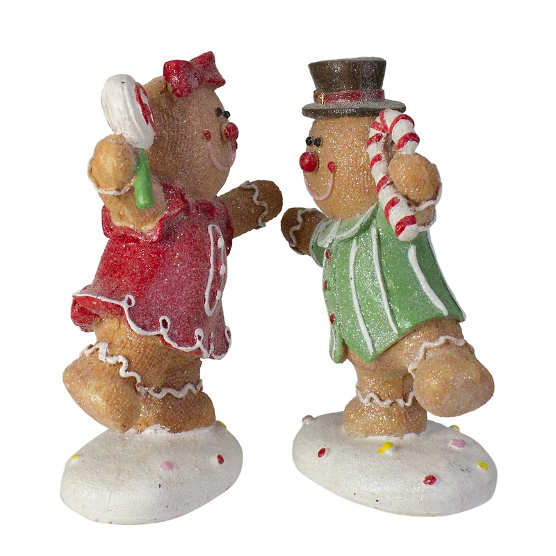Set of 2 Glitter Dusted Boy and Girl Gingerbread Kids Tabletop Figures 6"