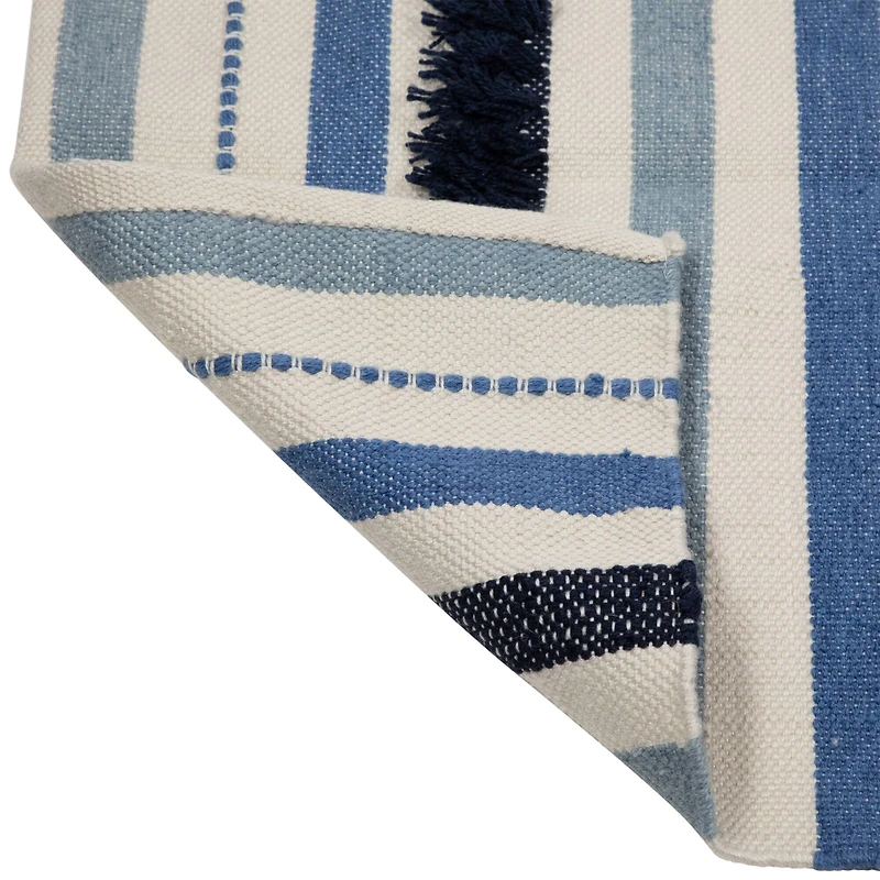 Blue, Cream & Black Striped Handloom Woven Outdoor Throw Rug, 3.5ft.x 2ft.