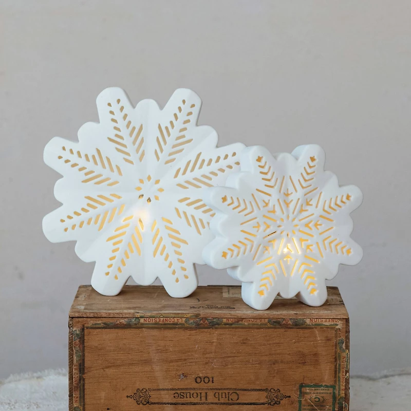 Hello Honey® 7.7" White LED Lighted Stoneware Bisque Snowflake Accent