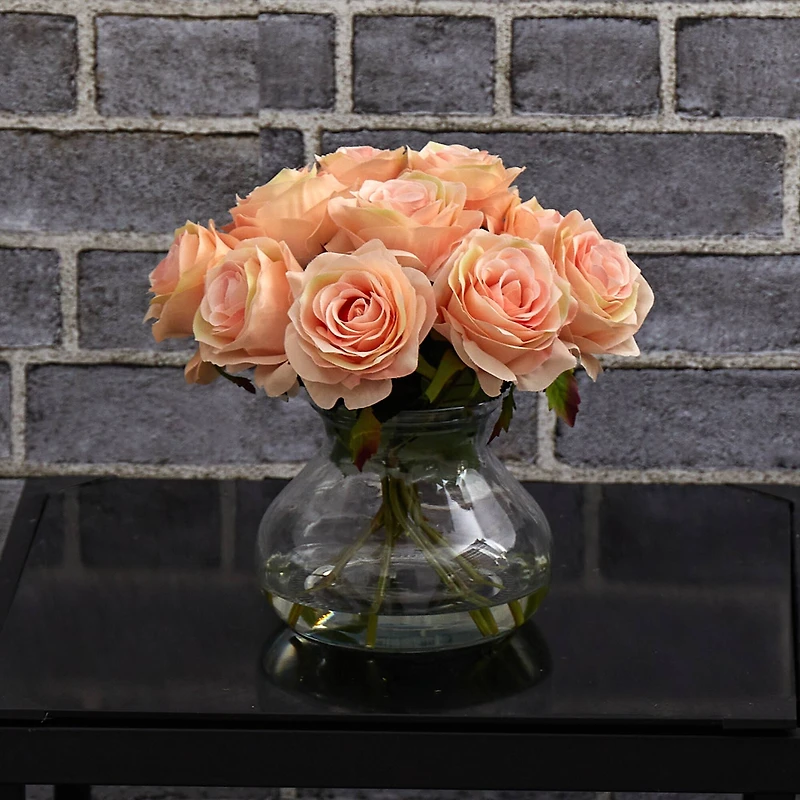 11" Peach Rose Arrangement with Clear Glass Vase