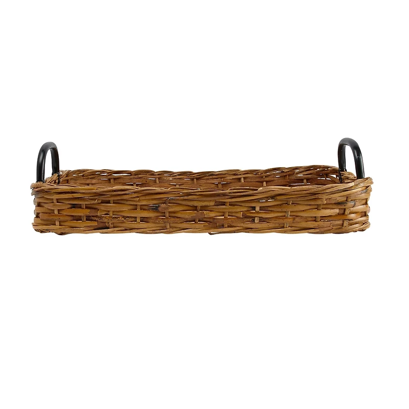 Hello Honey® 25" Natural and Black Decorative Woven Rattan Tray with Metal Handles