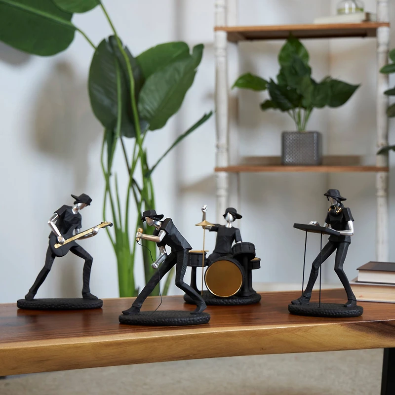 Black Polystone Rock Band Musician Sculpture with Gold & Silver Accents Set