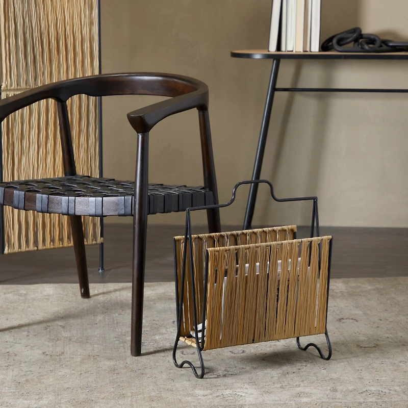 Light Brown Plastic Rattan Handmade Single Slot Magazine Holder with Black Stand 16" x 8" x 20"