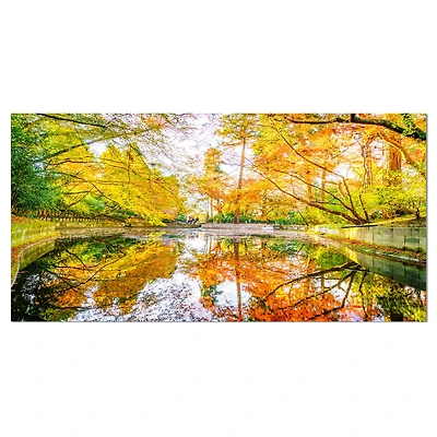 Designart - Bright Fall Forest with River - Large landscape Canvas Art Print