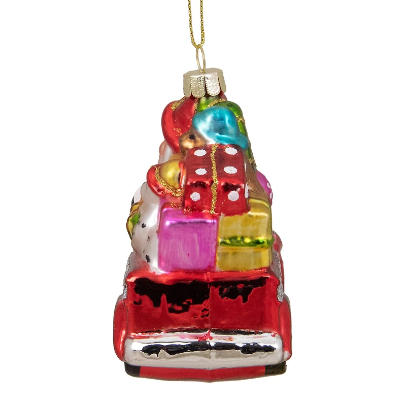 4" Red Fire Truck With Santa & Presents Glass Christmas Ornament