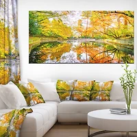 Designart - Bright Fall Forest with River - Large landscape Canvas Art Print